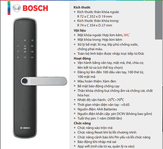 Các thông số của khóa vân tay Bosch ID60BK App Wifi